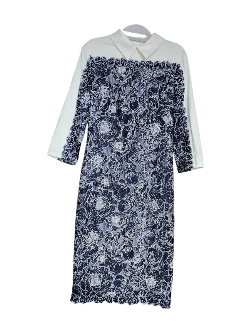 Tadashi Shoji Navy & White Floral Lace Shift Dress with Collar